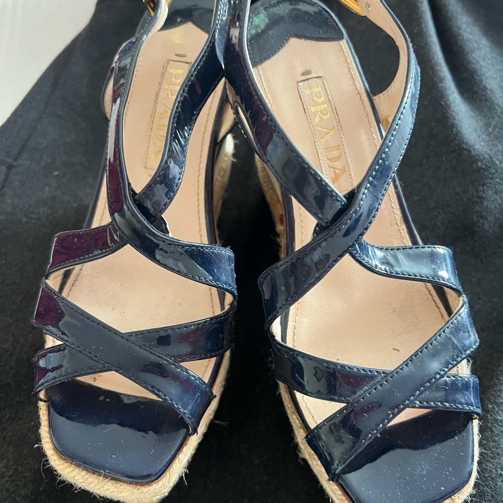 Prada Dark Blue Patent Leather Wedges